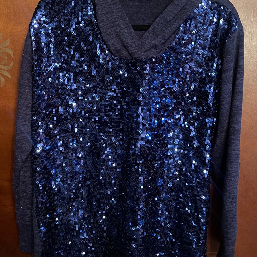 Colleen Lopez Navy Sequin Cowl Sweater